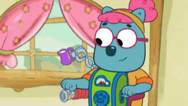 a cartoon bear wearing glasses is holding a purple cup