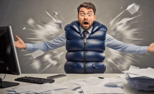 a man wearing a blue vest is sitting at a desk with papers flying around him