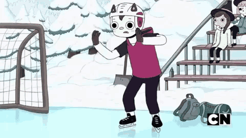 a cartoon of a girl ice skating with cn written on the bottom of the screen