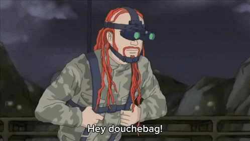 a cartoon of a man with red dreadlocks and a beard saying hey douchebag