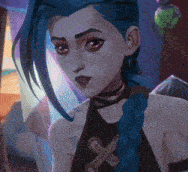 a cartoon character with blue hair and a choker around her neck