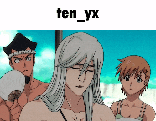 a man holding a fan stands next to a woman and a girl with the caption ten_yx on the bottom