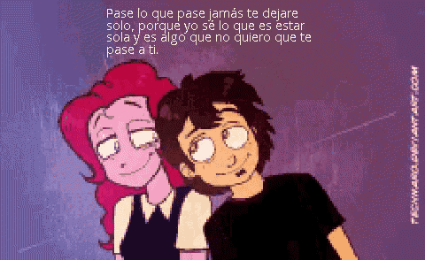 a pixel art drawing of a boy and a girl with a quote in spanish