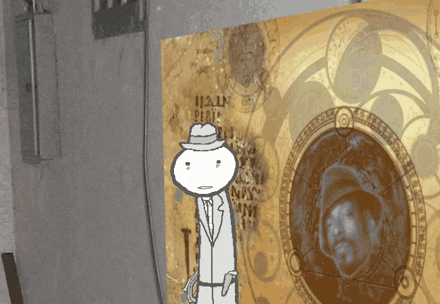 a drawing of a man in a suit and hat standing in front of a painting that says ' ian '