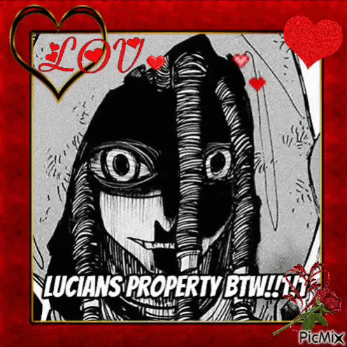 a black and white drawing of a person with the words lucians property btw on the bottom