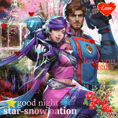 a picture of a man and a woman with the words good night star-snow nation on the bottom