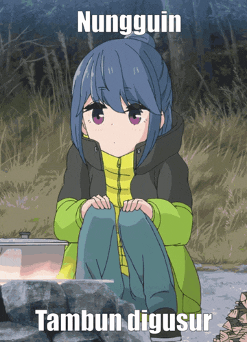 a cartoon of a girl sitting next to a pot with the words nungguin tambun digusur