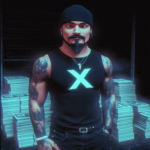 a man with a beard wears a black tank top with a white x on it