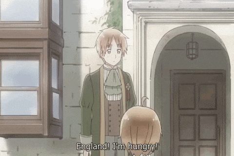 a cartoon character says england i 'm hungry in front of a door