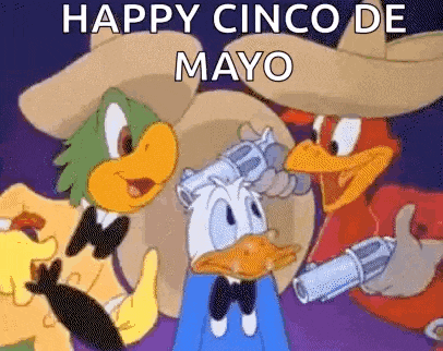 donald duck is holding a gun in a cartoon while two other birds are holding hats .