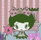 a cartoon girl with green hair and a crown on her head is sitting on a bed .