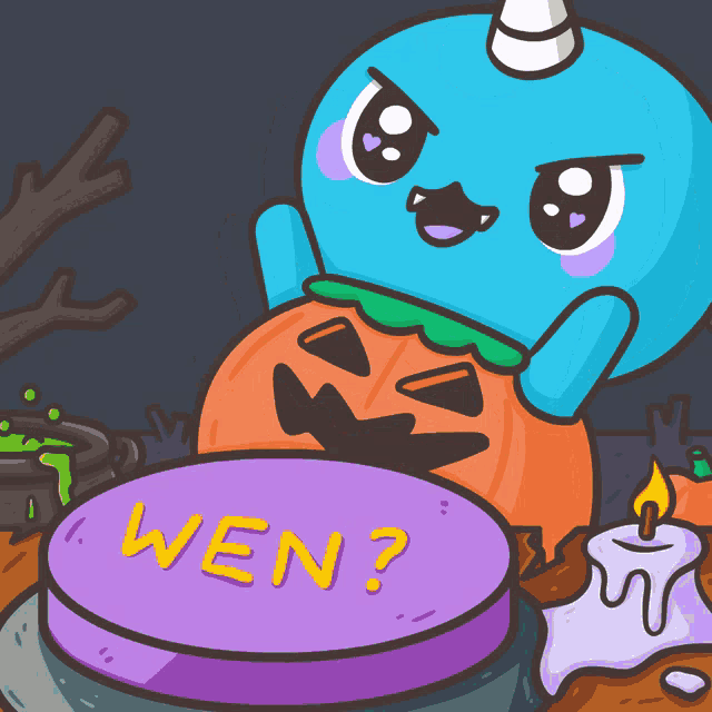 a cartoon drawing of a narwhal with a pumpkin and a cake that says wen