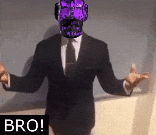 a man in a suit and tie with a purple skull on his head and the words bro below him