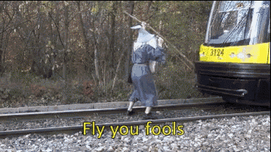 a person walking on train tracks with the words fly you fools in yellow