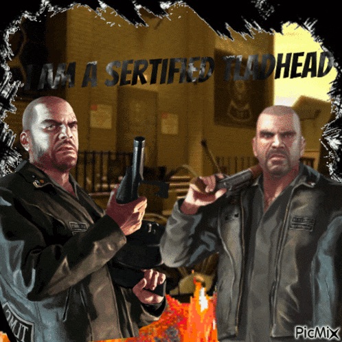 two men holding guns with the words " i am a certified toadhead " above them