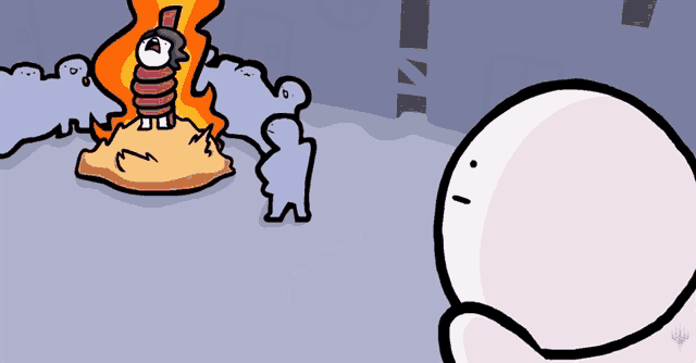 a cartoon drawing of a man standing in front of a burning pile of sand