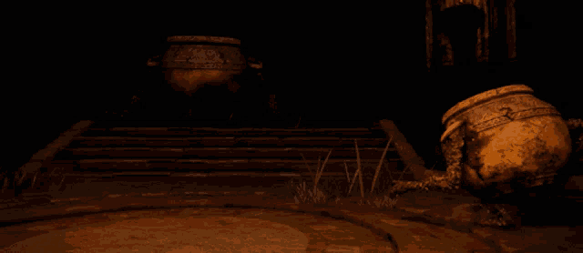 a dark room with a few pots and a few steps