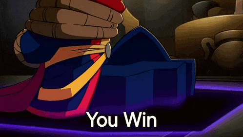 a cartoon character with the words you win on the bottom right