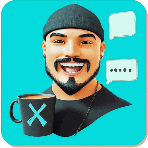 a man with a beard is smiling and holding a black mug with a blue x on it
