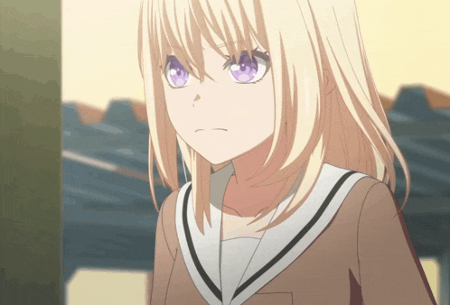 a girl with blonde hair and purple eyes is wearing a brown school uniform
