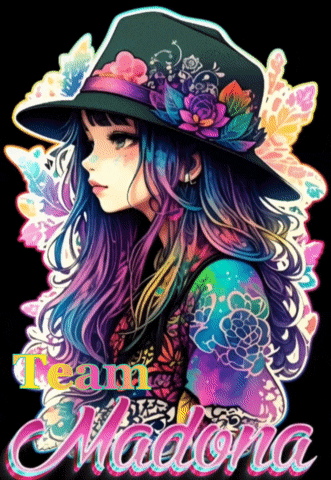 a colorful drawing of a girl with the name madonna written below her