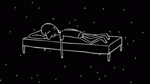 a drawing of a person falling into a bed .