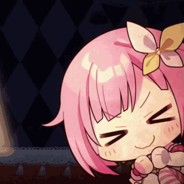 a girl with pink hair and a flower in her hair is smiling