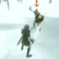 a person in a video game is standing in the snow holding a sword and shield .