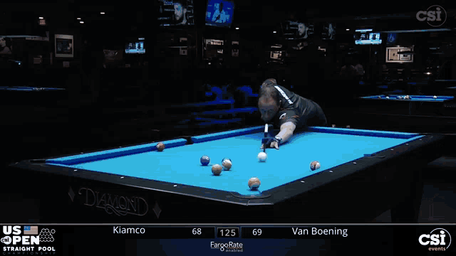 a man is playing pool on a diamond pool table sponsored by csi