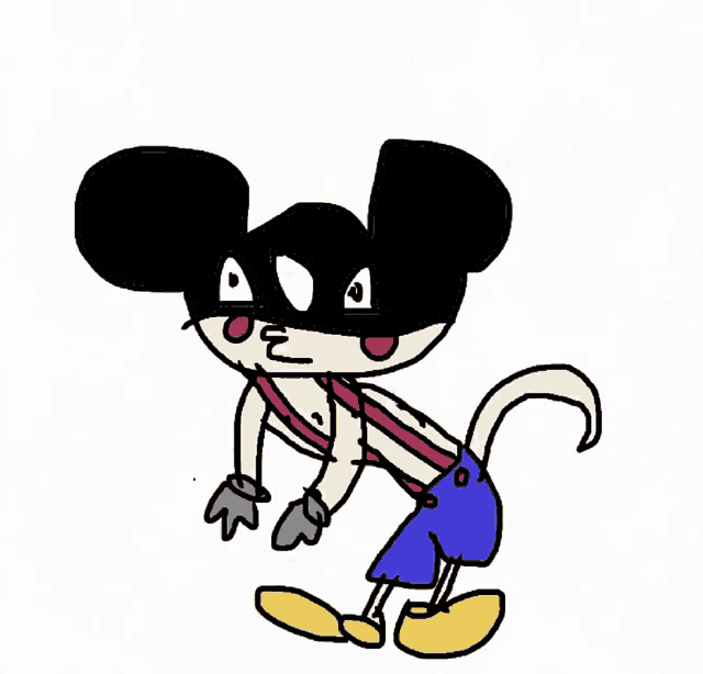 a cartoon of mickey mouse wearing a mask and suspenders .