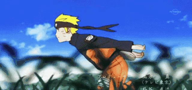 a cartoon character is running in the air with a blue sky behind him