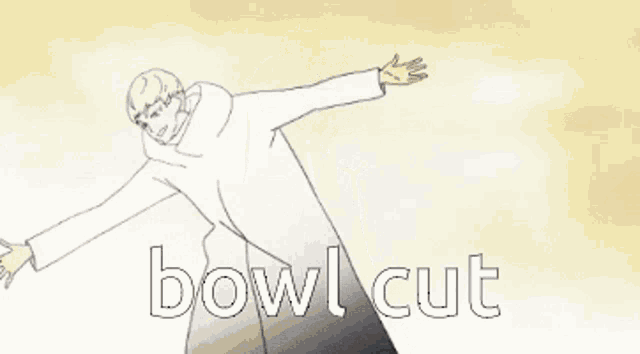 a cartoon of a man holding a piece of cloth that says bowl cut on it