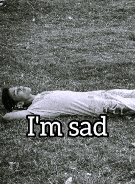 a boy is laying in the grass with the words i 'm sad written above him