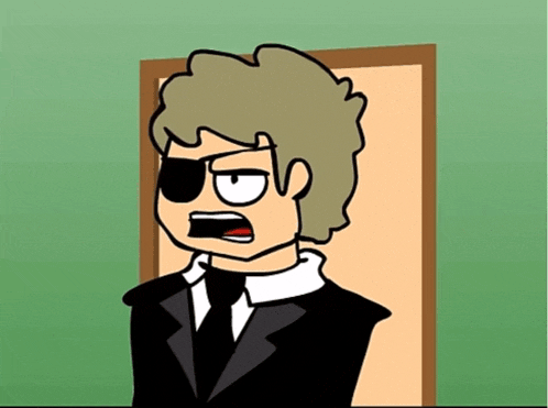 a cartoon of a man in a suit and tie with a black eye patch