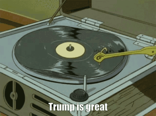 a record player that says trump is great on the bottom