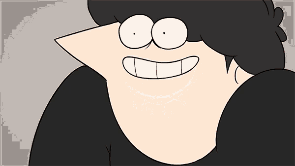 a cartoon character with a big smile on his face is wearing a black shirt