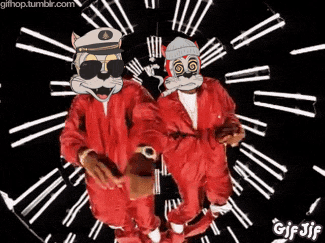 a gif of two cats dancing in front of a clock with the website gifhop.tumblr.com in the corner