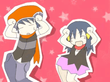 a boy and a girl are standing next to each other with their arms in the air .