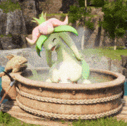 a dragon with a flower on its head is taking a bath in a tub