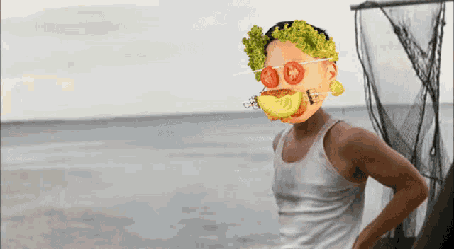 a man with a face made out of vegetables and fruit