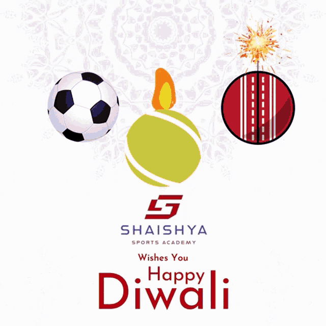 a sports academy wishes you happy diwali with a soccer ball tennis ball and cricket ball