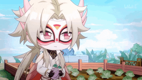 a cartoon character with a mask on his face is standing in front of a field of lettuce