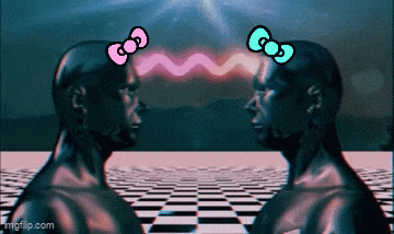 two men are standing next to each other with hello kitty bows on their heads ..