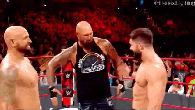 a group of men are standing in a wrestling ring .