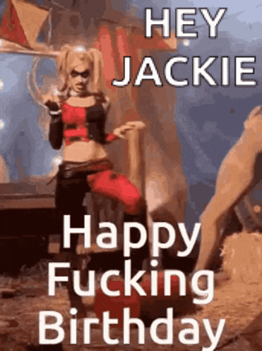 a woman in a harley quinn costume is dancing and saying happy fucking birthday