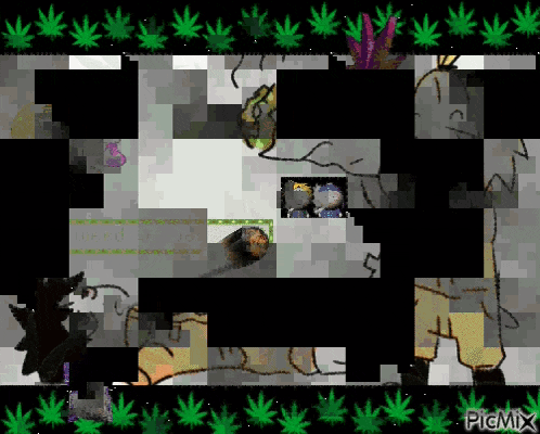 a picture of a cartoon character with marijuana leaves on the bottom