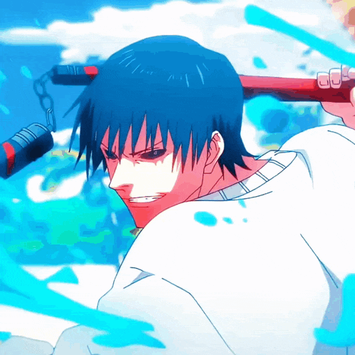 a man with blue hair is holding a sword in his right hand