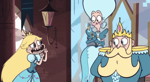 a cartoon of a princess talking to a man with a crown on his head