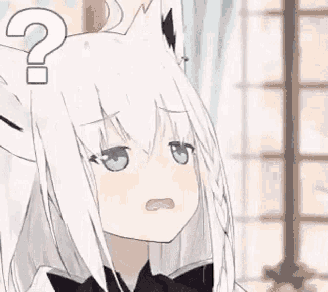a white anime girl with blue eyes and a question mark on her head is looking at the camera .