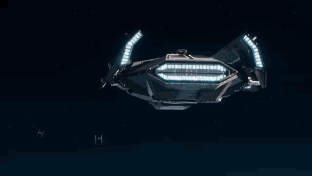 a white space ship is flying over the earth with red lasers coming out of it